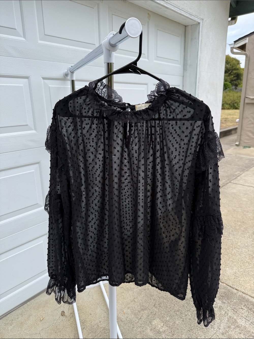 Black Sheer Swiss Dot Lace-Trim Blouse - Classic Lightweight Top